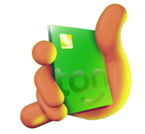 Render 3D em estilo claymorphism de uma mão laranja estilizada segurando um cartão de crédito verde com o logotipo do Ton